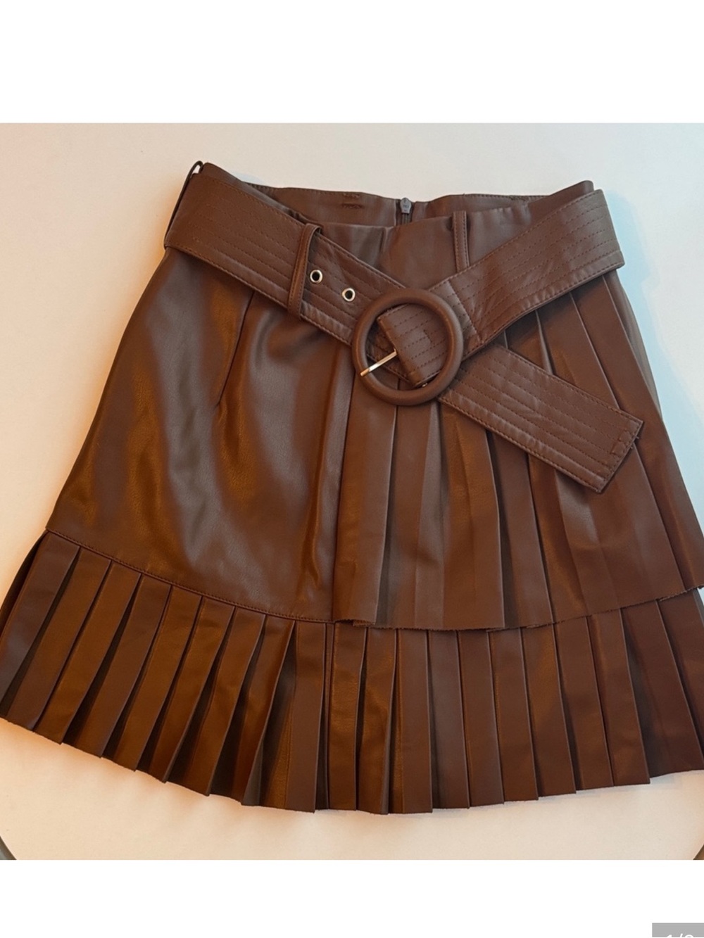 Zara Chocolate Brown Pleated Faux Leather Mini Skirt with Round-Buckle Belt